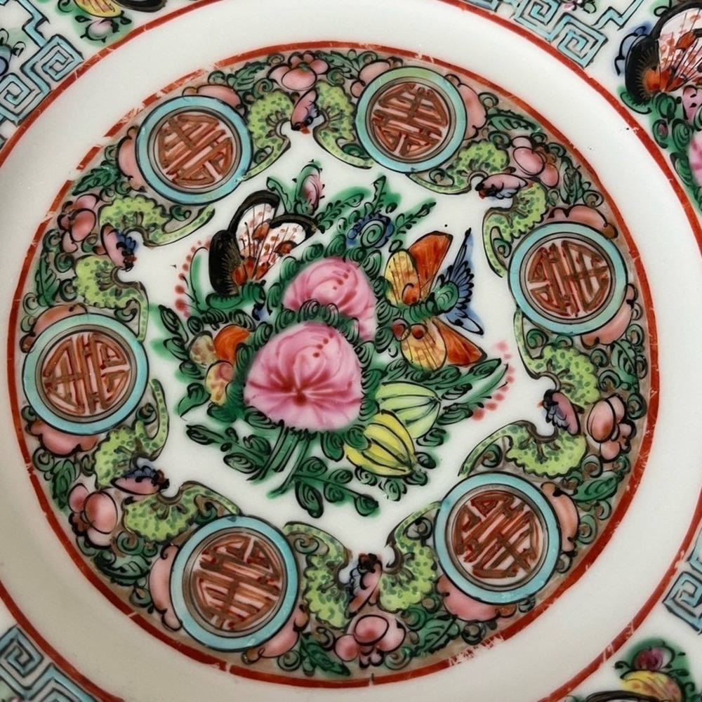Vintage Rose Medallion Porcelain Salad Plates Pair Famille Rose Floral Birds - Picture 13 of 15